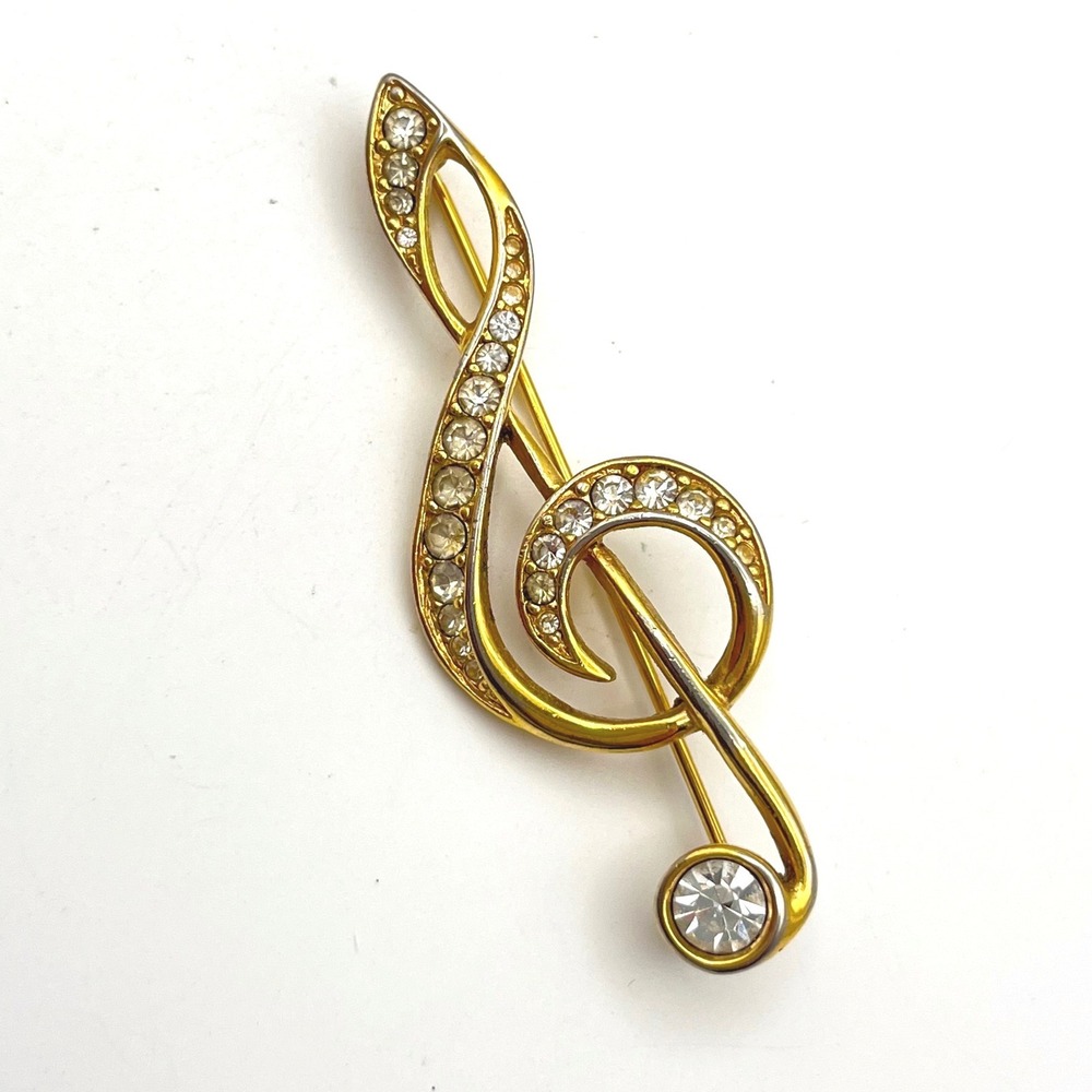 Swarovski Gold Tone Crystal Treble Clef Musical Note Brooch Pin Swan Logo